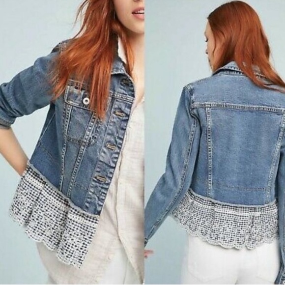 Anthropologie Pilcro & the Letterpress Ruffled Eyelet Gingham Hem Jean Jacket - Picture 1 of 8